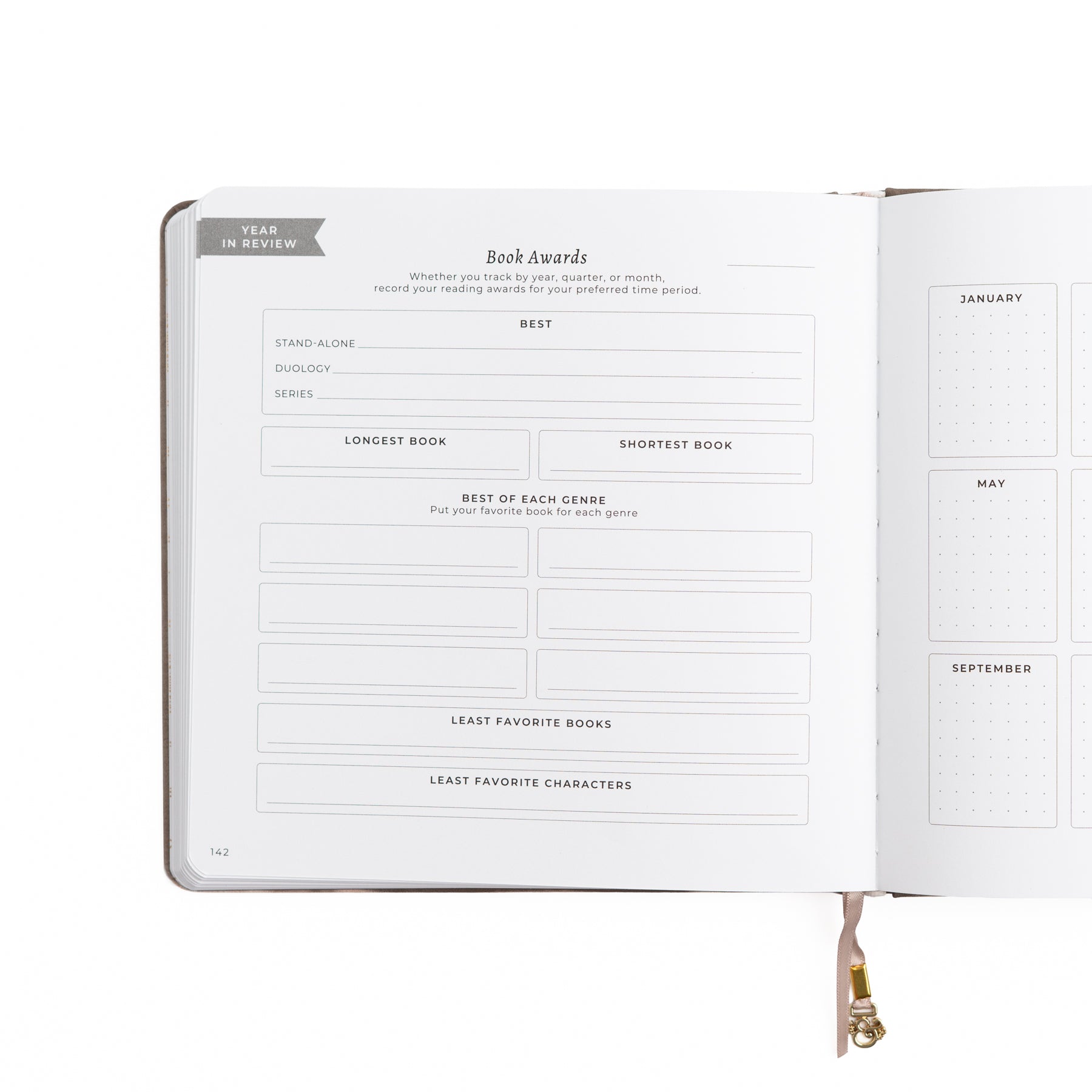 Open planner with book awards section on a white background