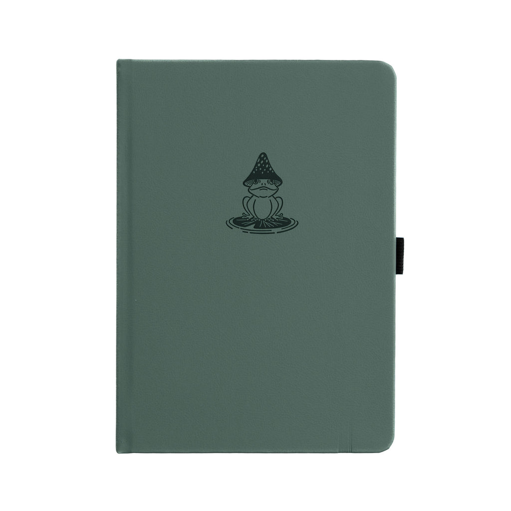 Green notebook with a black illustration on a white background