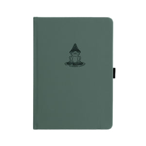 Green notebook with a black illustration on a white background