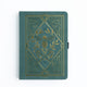 Green notebook with gold embossed design featuring a bee on a white background
