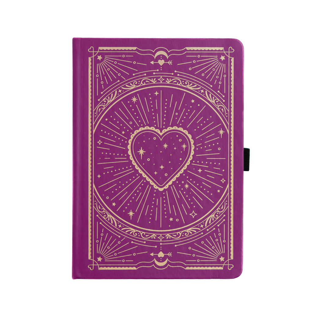 Purple notebook with gold heart design on a white background