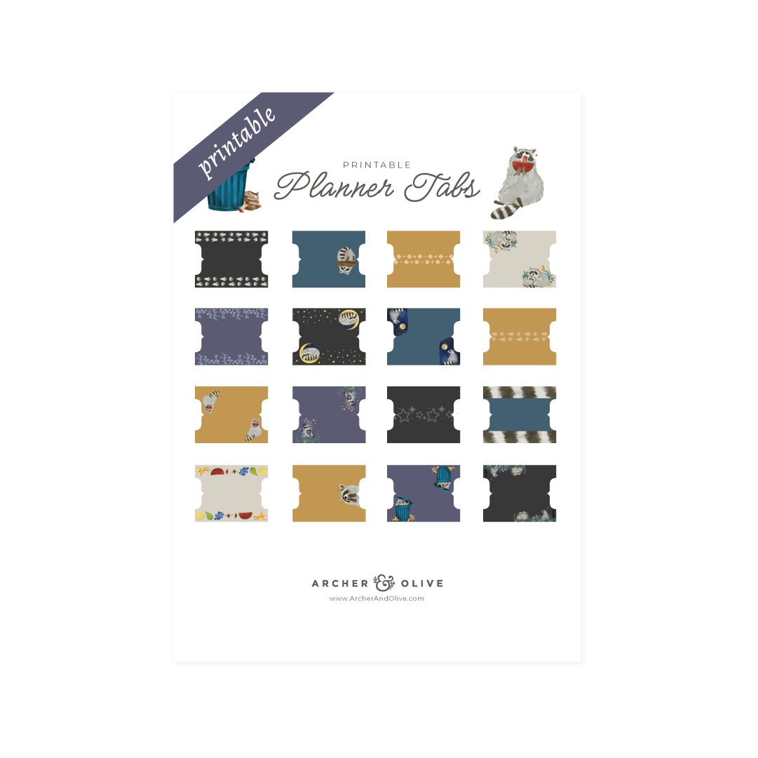 Printable Planner Tabs: Radiant Raccoon - Archer and Olive