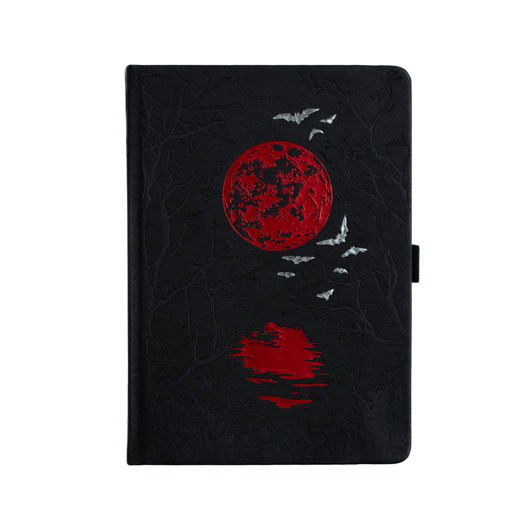Black notebook with red moon and bird design on a white background