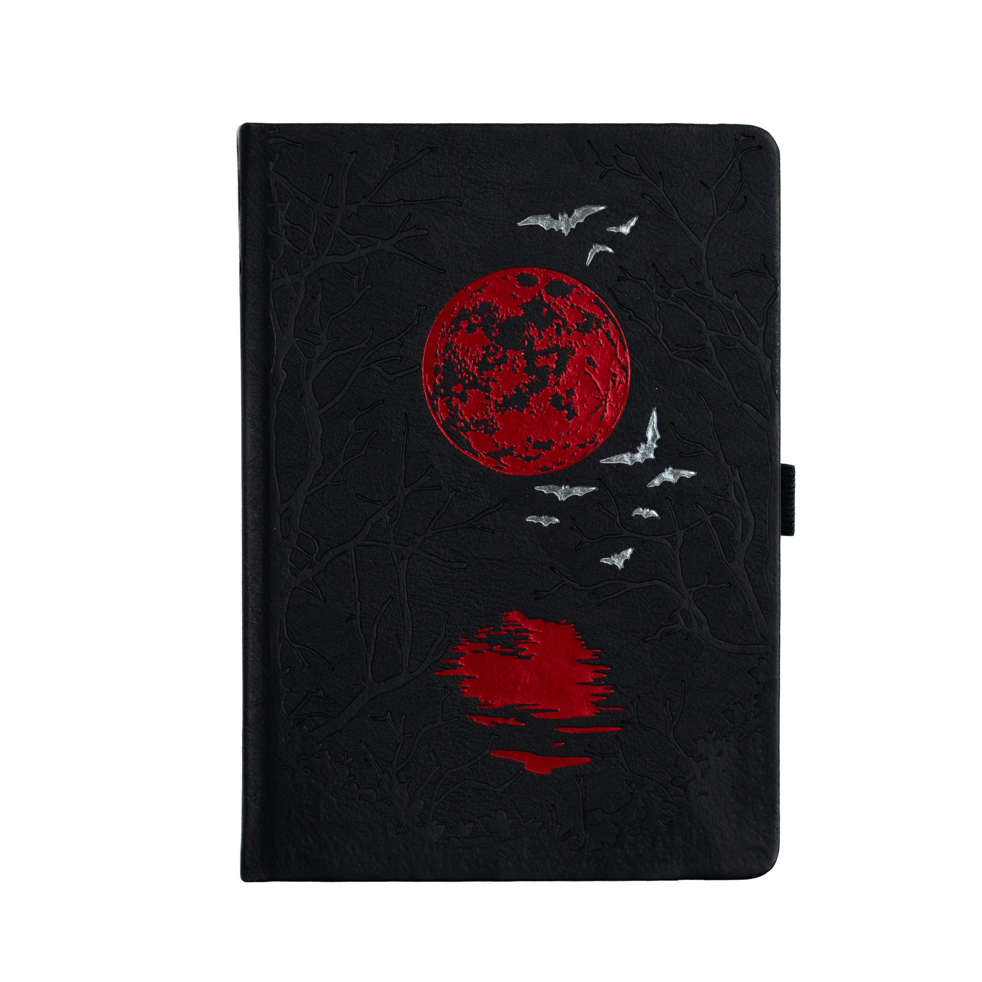 Black notebook with red moon and bird design on a white background