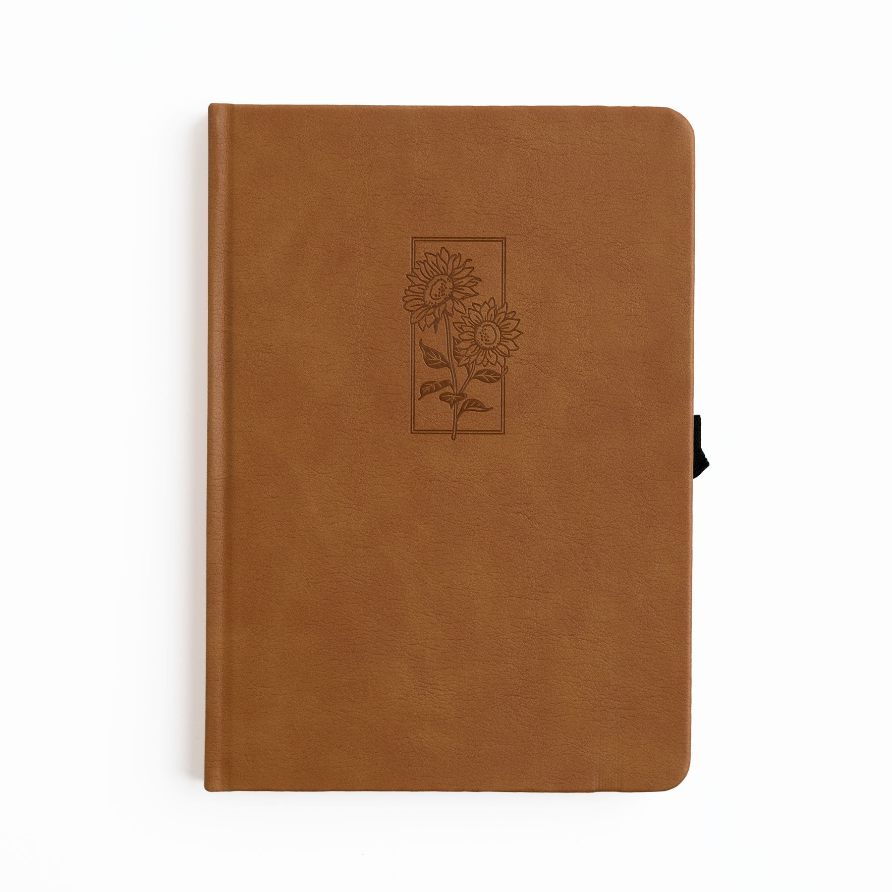 Brown notebook with sunflower design on a white background