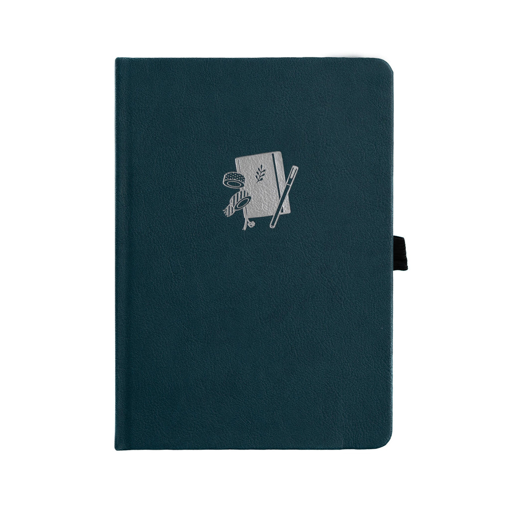 Dark green notebook with a logo on a white background