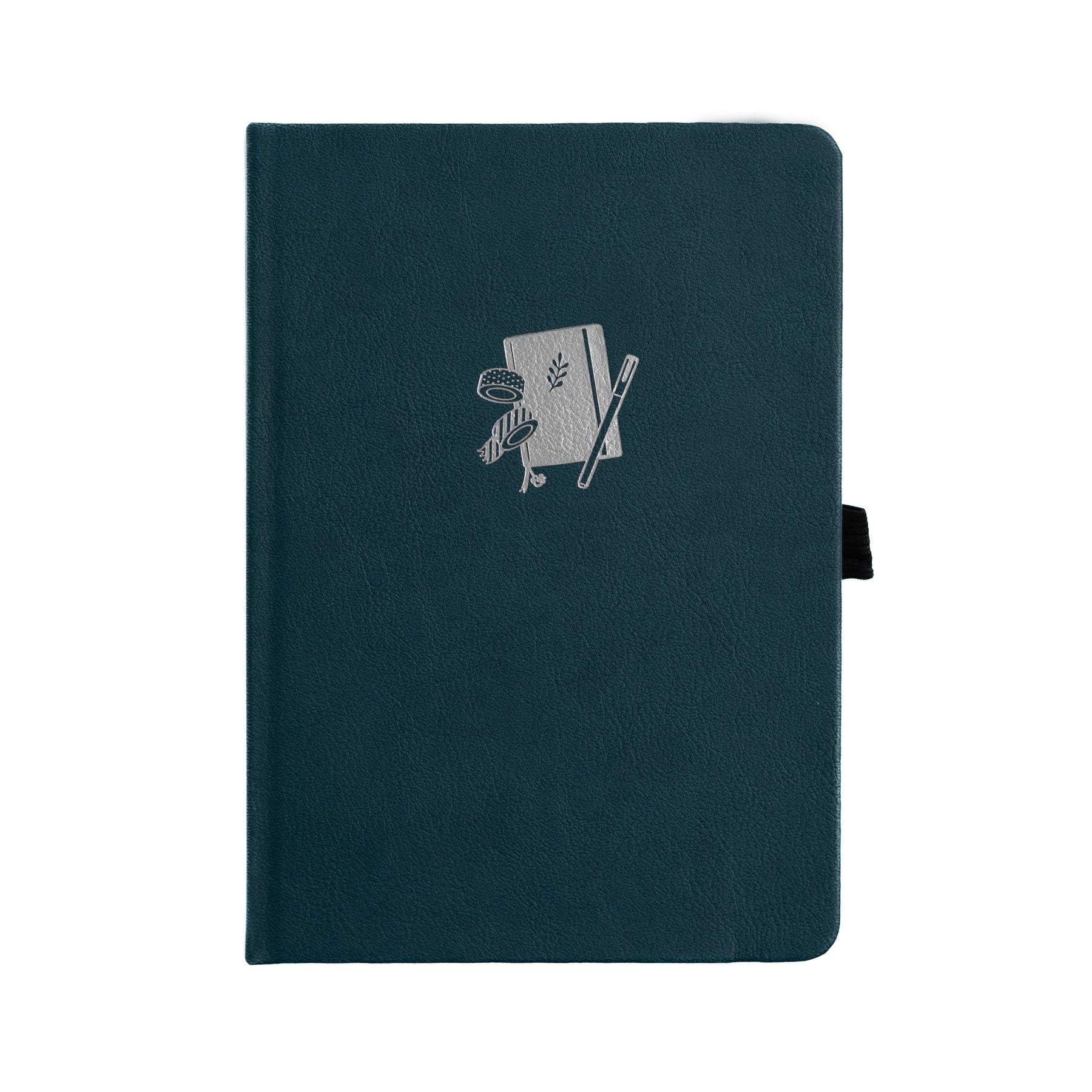 Dark green notebook with a logo on a white background