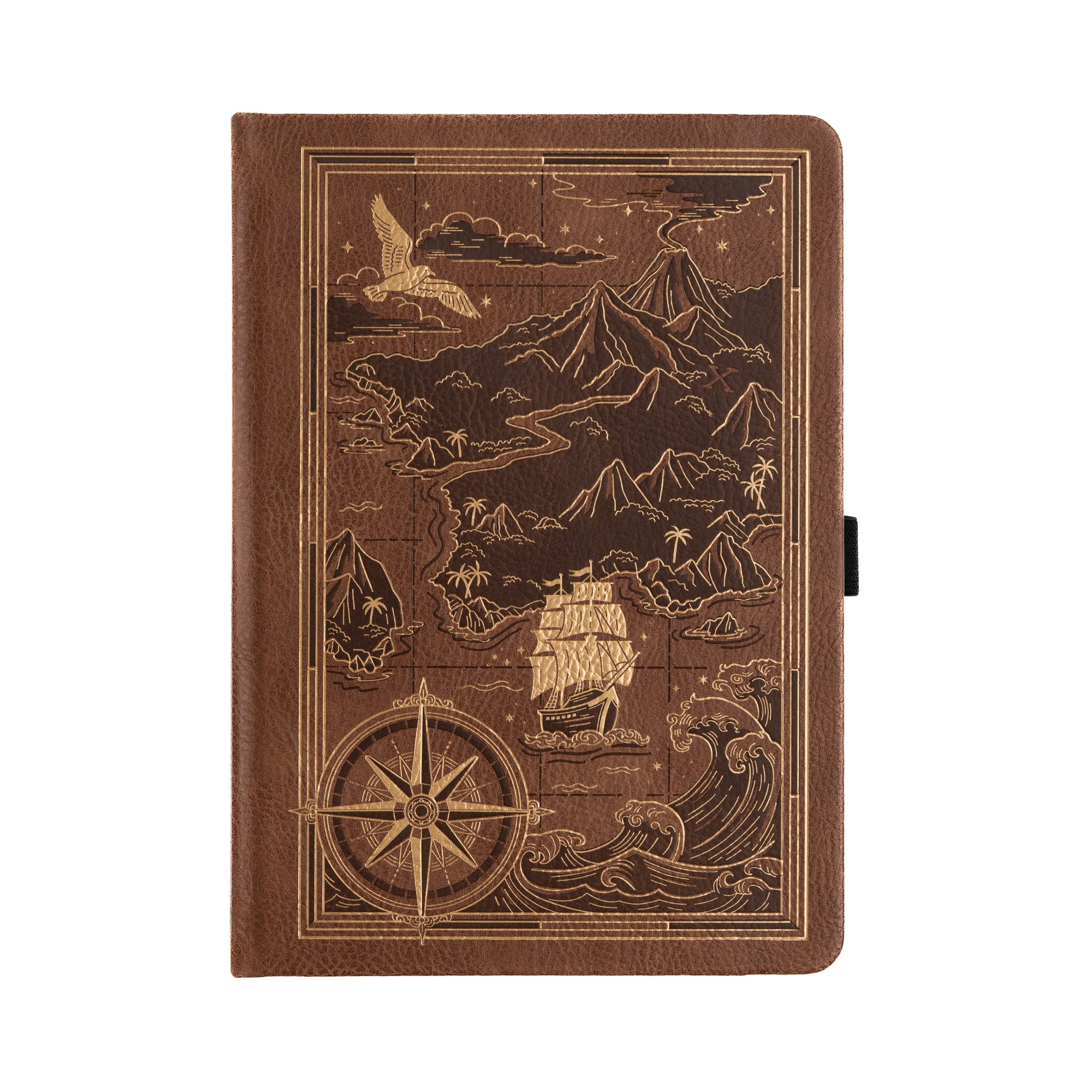 Brown notebook with map and compass design on a white background