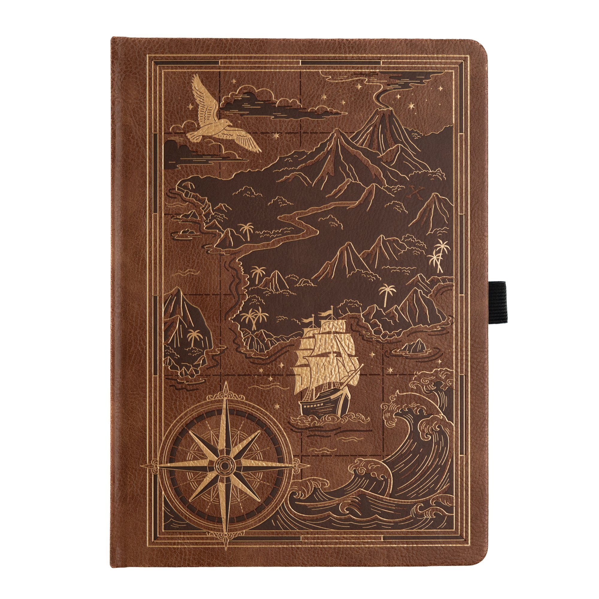 Brown notebook with debossed mountain and ship design on a white background