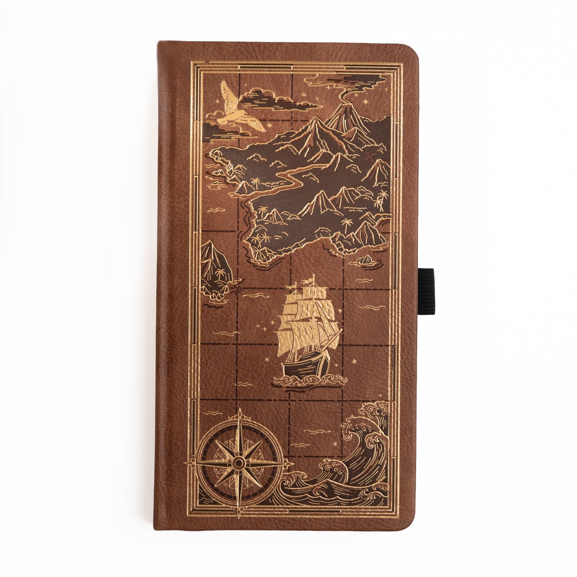 Brown leather notebook with treasure map design on a white background