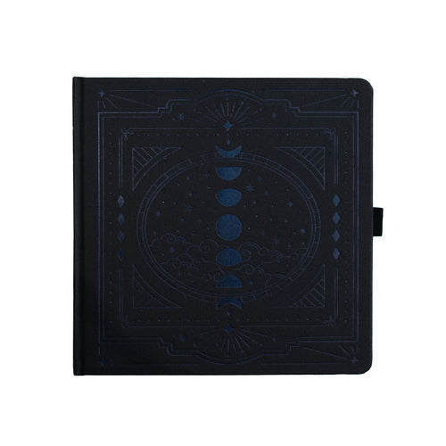 Black notebook with celestial design on a white background