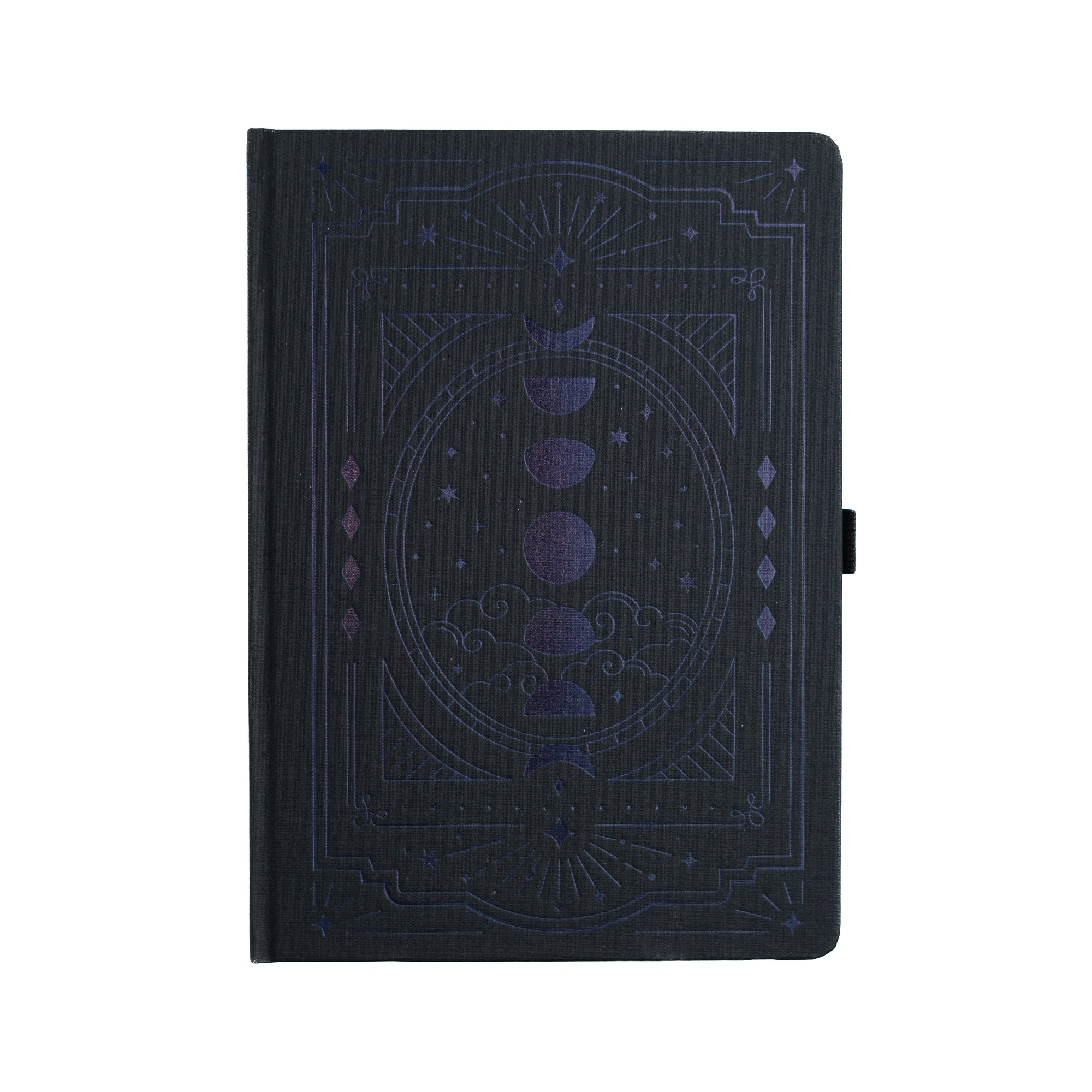 Black notebook with celestial design on a white background
