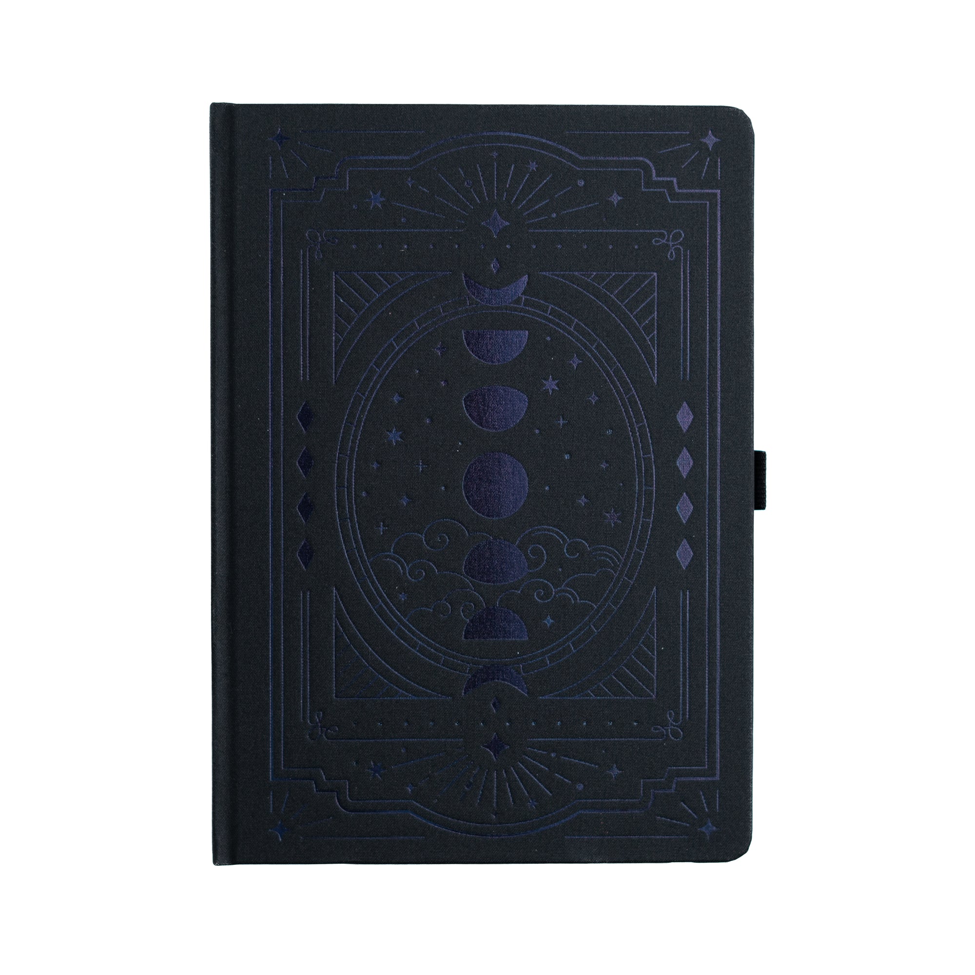 Black notebook with embossed celestial design on a white background