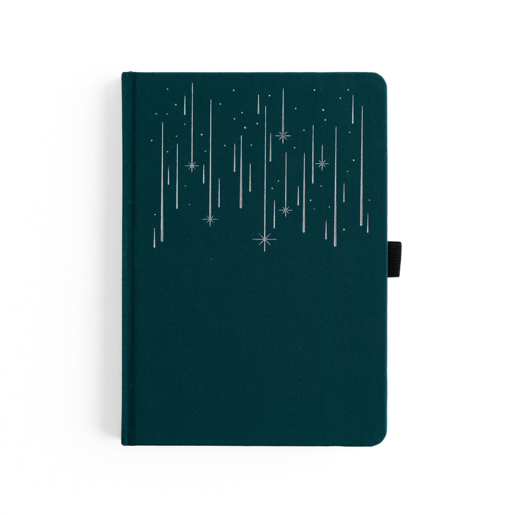 Dark green notebook with star pattern on a white background
