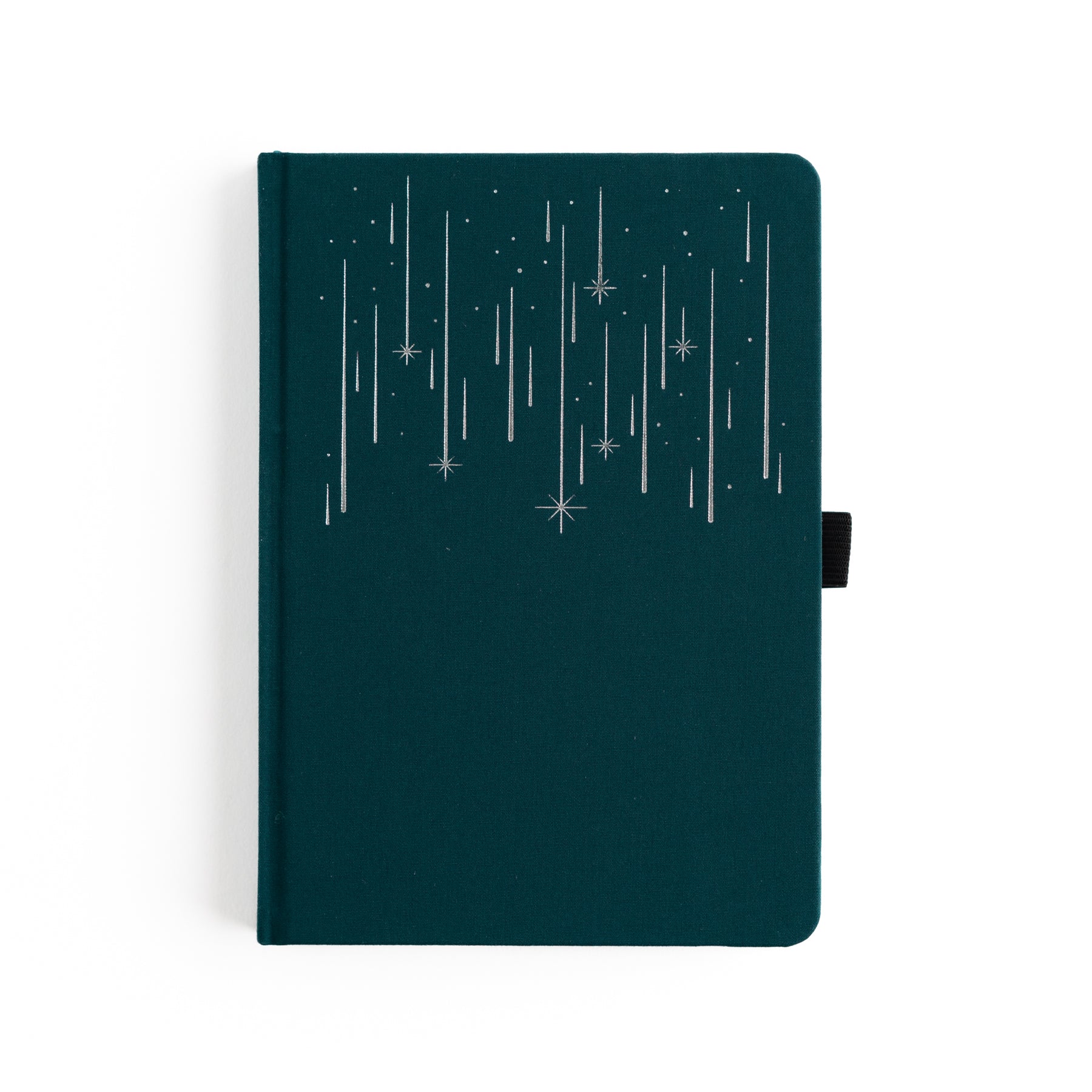 Dark green notebook with star pattern on a white background