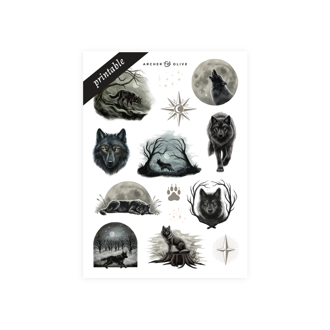 Printable moonlit wolf sticker set for journals & planners